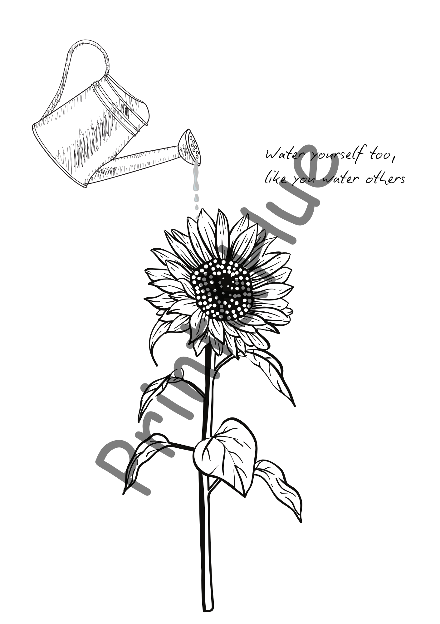 Watering Sunflower Colouring Sheet Printable with Quote – Self Care Art