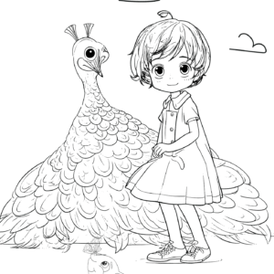 Peacock and Girl Drawing Colouring Page – Printable Activity for Kids
